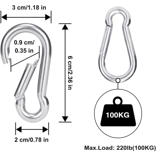 12 stk. Fastener Karabinhage til Heavy Duty, Sport, Låsehunde, Gyngehængekøje, 304 Rustfrit Stål, 6mm Tykkelse