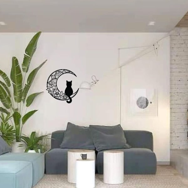 1 x Metall Väggkonst Katt Måne Trädgårdsdekor för Hem Inomhus Utomhus Svart 30*30CM
