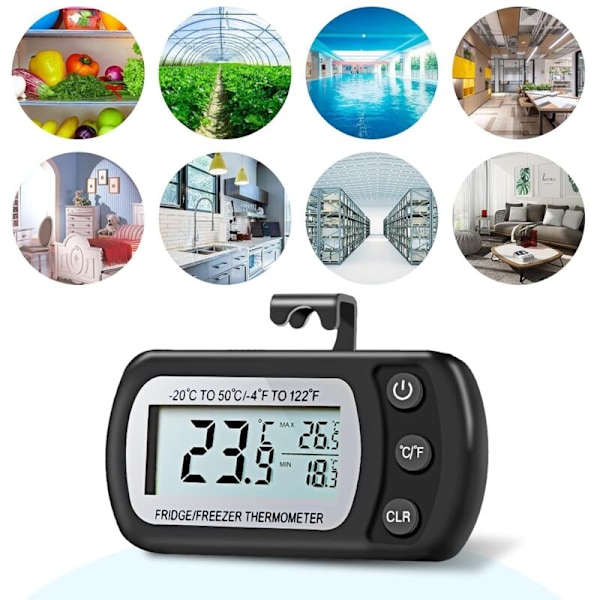 Digital kylskåpstermometer för kyl och frys -20 till 50 °C med krok, lättläst LCD-skärm, Max Min inspelningsfunktion (bl