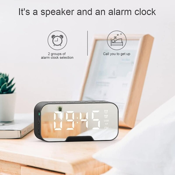 Digital FM Vækkeur Radio med USB Opladningsport, LED Display, Sleep Timer, Bærbart Spejl, Trådløs Bluetooth Højttaler, Vækkeur til Soveværelse, O