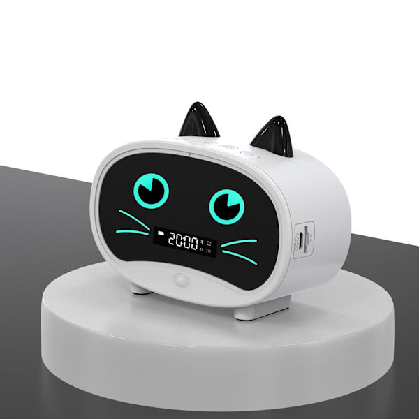 Vit tecknad katt väckarklocka dubbel väckarklocka, Bluetooth-högtalare, handsfree-samtal