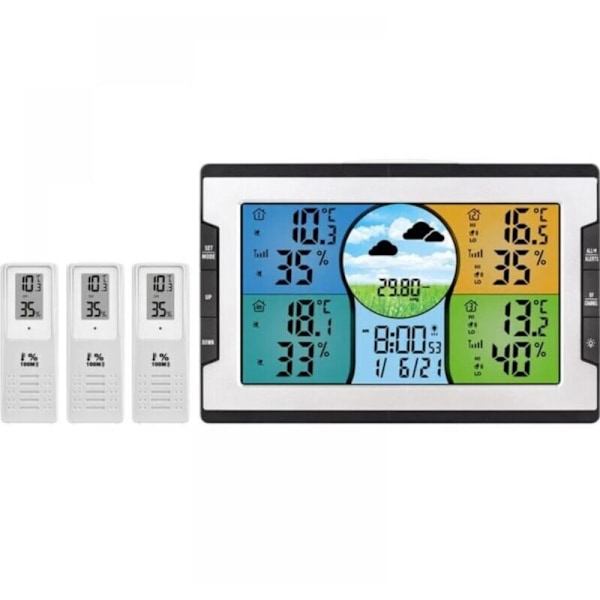 Radioväderstation med 3 utomhussensorer Digital färgdisplay Termometer Hygrometer Barometer, Väderprognos, Justerbar bakgrundsbelysning