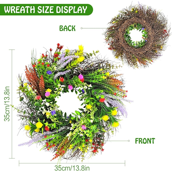 Dørkrans Kunstige Blomster Bordkrans Dekoration Forårs Blomsterguirlande til Hoveddør Stue Væg Have Bryllupsfest Diameter Ca. 35