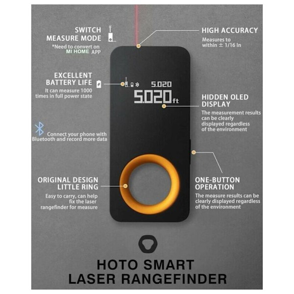 30ft laser afstandsmåler (73x33.2mm), mini digital laser bærbar, præcision ± 2mm, bluetooth, OLED display, mål længden