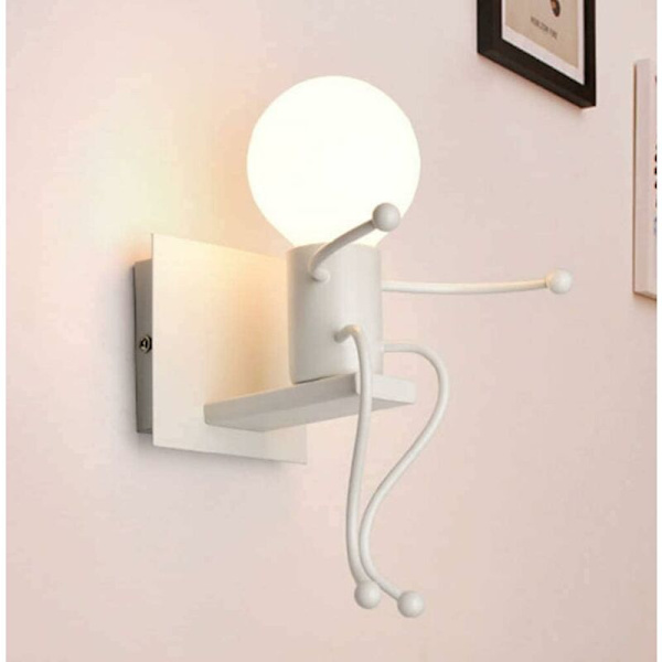 Robotvegglampe, kreativ moderne retro stil svart vegglampe, vegglamper for soverom nattbord barnerom korridor trapp (hvit)