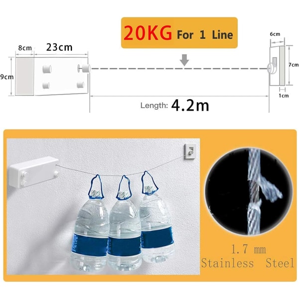 Vit T-Line Infällbar Inomhus- och Utomhusklädstreck - Högpresterande, 2 x 4,2 m Rostfritt Stålklädstreck, Väggmontering (Borr)