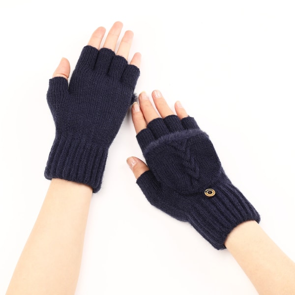 Flip korta ylle fingerlösa handskar för kvinnor, varma och moderiktiga stickade halvfingerärmar (marinblå)