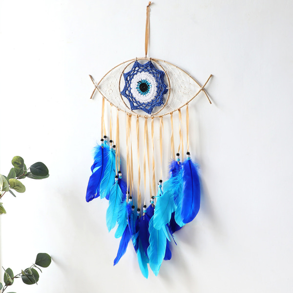 Macrame Evil Eye Dream Catcher Hand-Woven White Feathers Dreamcatcher Wall Hanging Home Decoration Ornament Blessing Festival Gift,Blue