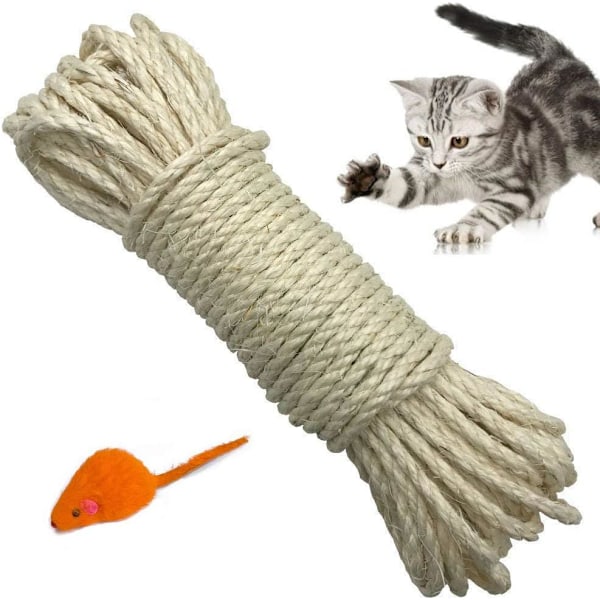 6mm Naturlig Sisalrep Ersättning Gammal Rep Idealisk Tillbehör för att Byta ut Kattträdspinnar, Leksak Ingår (20m, Vit)