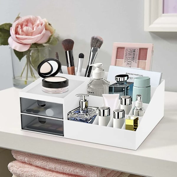 Makeup Organizer, Makeup Opbevaring, Kosmetik Opbevaring med Skuffer til Skrivebordsarrangør, Makeup Organizer til Kommode, Soveværelse, Badeværelse Hvid