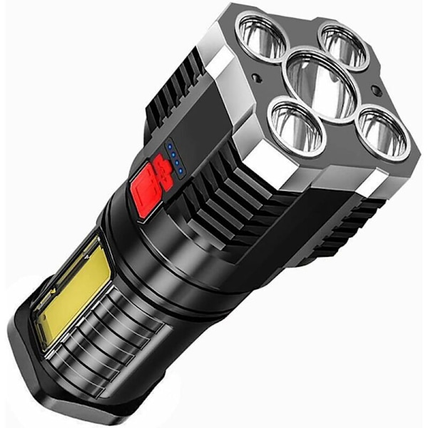 Valovoimainen taskulamppu viidellä ytimellä, ladattavissa USB:llä, pitkä kantama 6,4 x 14 cm