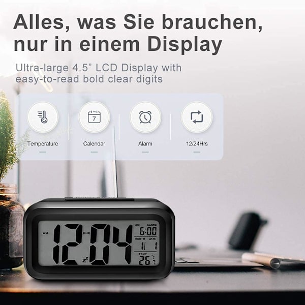 Sängbords digital väckarklocka Batteridriven, skrivbordsur Tillbaka till skolan digital klocka med smart nattlampa 12/24 timmars display Snooze-funktion