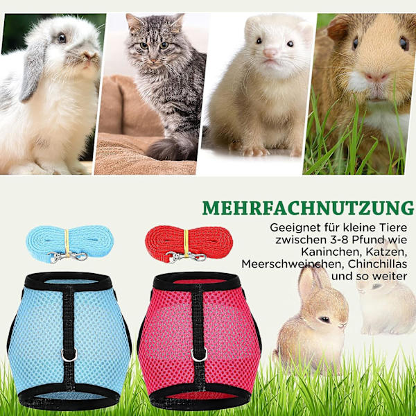 2 stk Kaninsele med Elastisk Trekksele Justerbar Myk Sele for Små Dyr Jogging Gåing Løping Sele for Kjæledyr Katt Guinea Gris