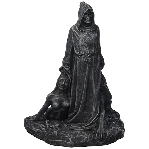 Sittende statue gotisk skummel kunstdekor, svart skrekk kappe Halloween harpiks død reaper tenker skulptur, bord og skrivebord