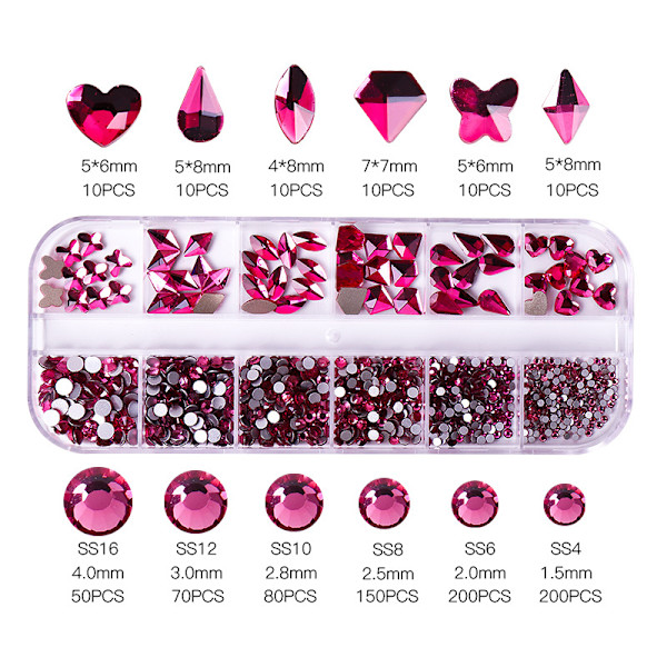 (Pink) 12 Krystal Sten Sæt til Neglekunst - Neglekunst, Krystal Rhinestone Neglekunst, Blandede Størrelser, Diamant Negledekoration Blanke Farvede Krystaller i B