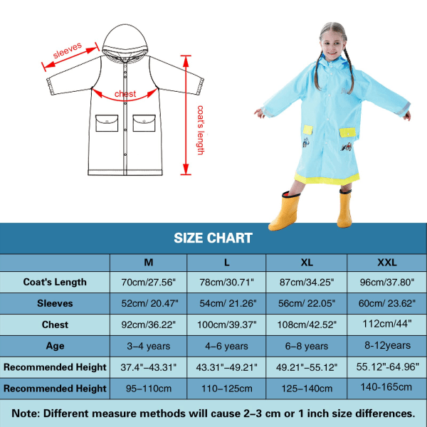 Regnfrakke med hætte til børn - Vandtæt poncho til børn - Unisex - Puddle sæt - Dyremønster - Unisex regnfrakke - Lang jakke - Jakke med gennemsigtig kant og refleks