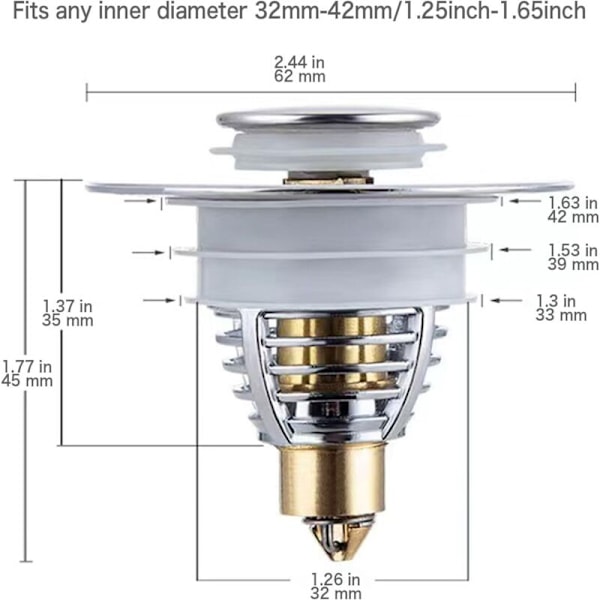 Universell diskbänksplugg, förbättrad avloppspropp, dragplugg för diskho, för badkar, kök, diskho (32-42mm avlopp)