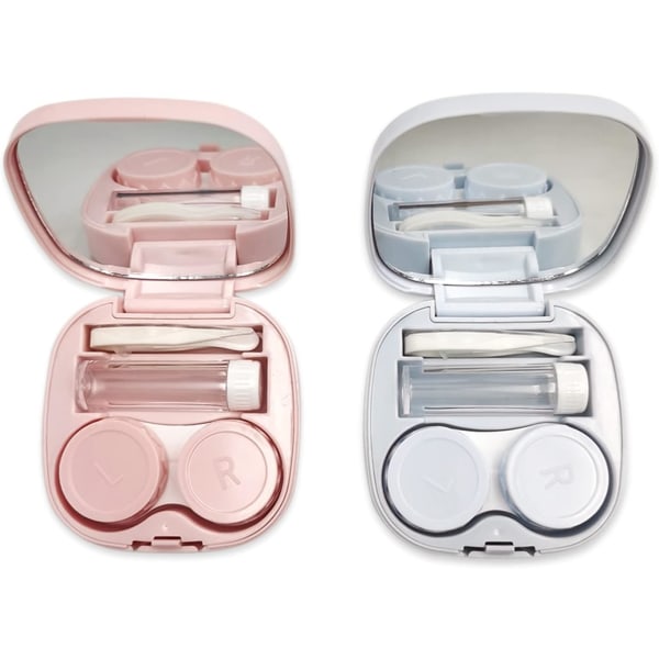 2 ST Case med spegel, Portabelt kontaktlinssats för resor, Minikontaktlinshållare med pincett och sugsticka Blå Rosa
