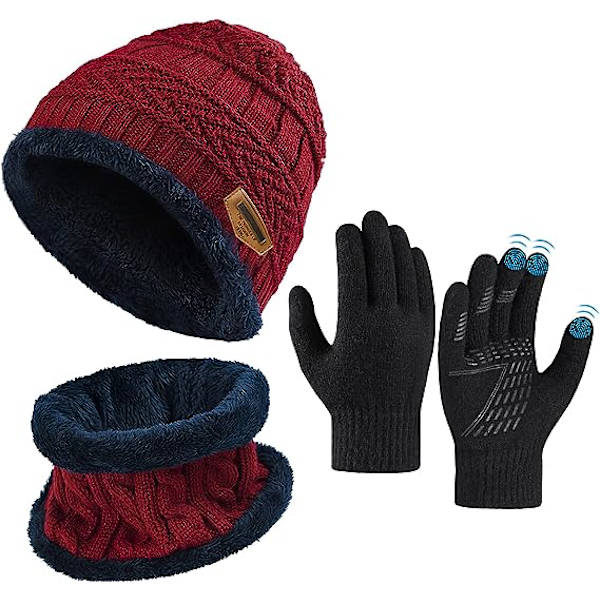 Barne Vinterlue Håndkle Sjal Håndsett Sett -Burgundy Varm Termisk Strikket Lue Cap Snood Halsvarmer Berøringsskjerm Anti-skli Vott Utendørs Sport Myk Fleece