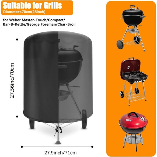 Vedenpitävä pyöreä grillipeite Weber Oxford-kangasta, UV-suojattu ulkogrillipeite tuulenpitävällä sivuhihnalla, musta (Φ71 x 70cm)