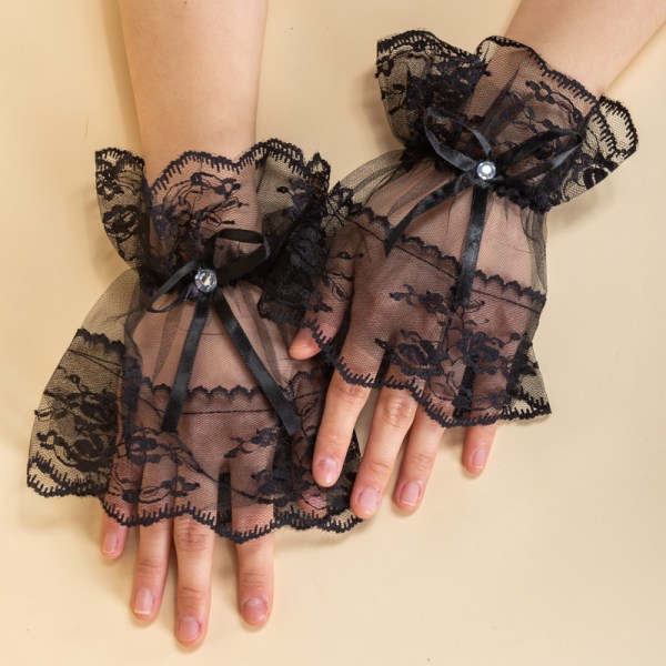 Musta - Fingerless Lace Wedding Gloves Gothic Lace Wrist Gloves w