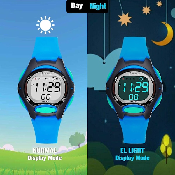 Digitalt armbåndsur for barn, jenter og gutter, vanntett armbåndsur med alarm/stoppklokke (blå)