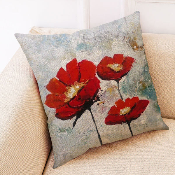 Konstgjord Blomkuddfodral 18x18 tum Set om 4 Röd Blomkuddfodral 45cm x 45cm Bohemian Linne Kvadratisk Kuddfodral Vardagsrum Soffa