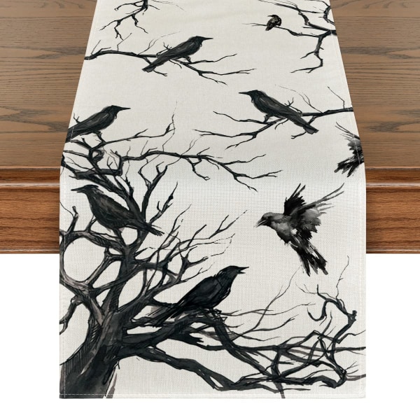 Silhouette Tree Crow Halloween duk, grener Høst kjøkkenbord dekor for utendørs familiefester 13x72 tommer