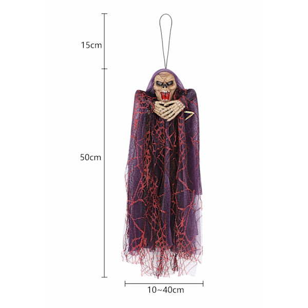 20 tuuman kauhistuttava Halloween-riipus aave, jossa on karmiva huuto ja hehkuvat punaiset LED-silmät (violetti)