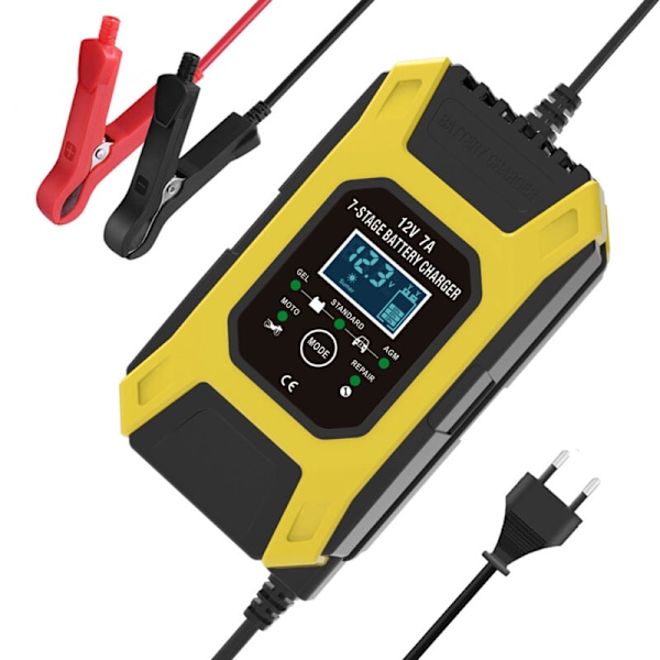 Bilbatterioplader, 12 V 7 A bly-syre batterioplader, LCD-skærm, intelligent batteriholder, 7-trins vedligeholdelsesopladere til bil, motorcykel, plæneklipper