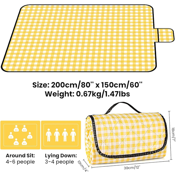 Picnic tæppe 200 x 150cm, Vandtæt picnic måtte, Let vaskbar ternet picnic tæppe med håndtag, Sammenklappelig, til camping, udendørs, strand, Yel