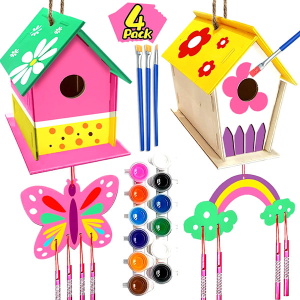 Hantverk för barn i åldrarna 4-8 - 4-pack DIY fågelhus vindklocka kit - Bygg och måla fågelhus trä konst kit påskkorg fyllmedel present för åldrarna 3-5