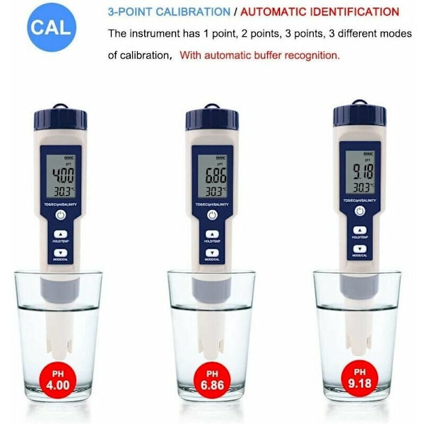 PHE Vandtester 5 i 1 Multifunktionel vandkvalitet af vand, TDS/EC/SALINITET/PH/Digital temperatur til drikkevand, swimmingpool, akvarium, a