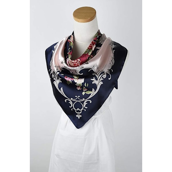 (2 st - Svart) 90x90cm Dam Polyester Silke Handtag Fyrkantig Huvudduk Antik Ros Vagn Blomma Sjal