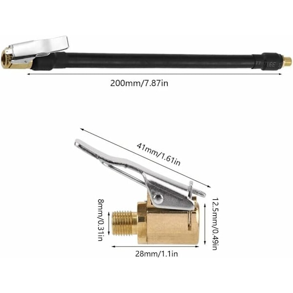 Renkaan täyttöletku 20 cm Musta ilmaletku renkaan täyttöputki 2 ilmapumpun adapterilla, letku auton renkaiden täyttöön