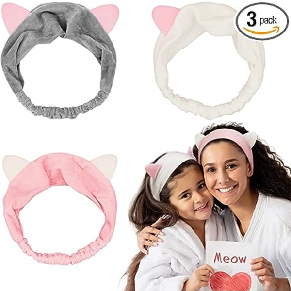 3 delar, sminkpannband för kvinnor och flickor, mjukt och sött kattöronband för ansiktsvård, spa och dusch