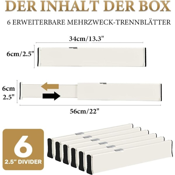 Sæt med 6 strækbare køkkenskuffer 37,8-54 cm H-6 cm Plastik separator Skuffer Justerbart køkken, køkkenskuffeorganisator, kommode, skrivebord