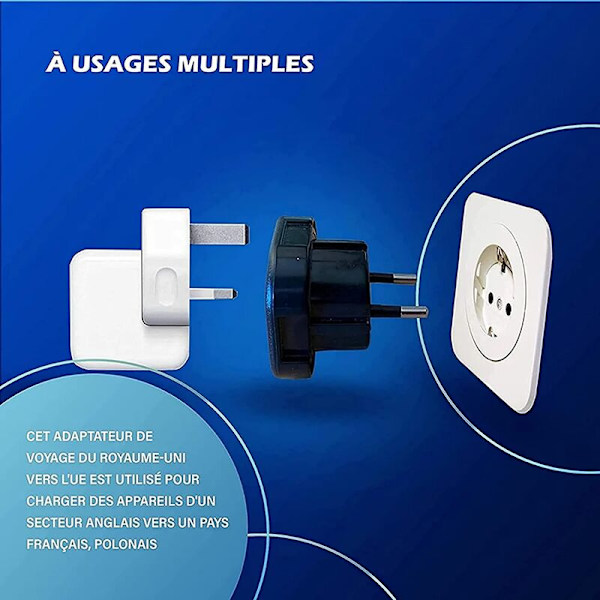 2-pack - Adapter för engelsk till fransk kontakt - Adapter för engelsk franska - Typ G till typ C - Kompakt och lätt - Överspänningsskydd (svart)