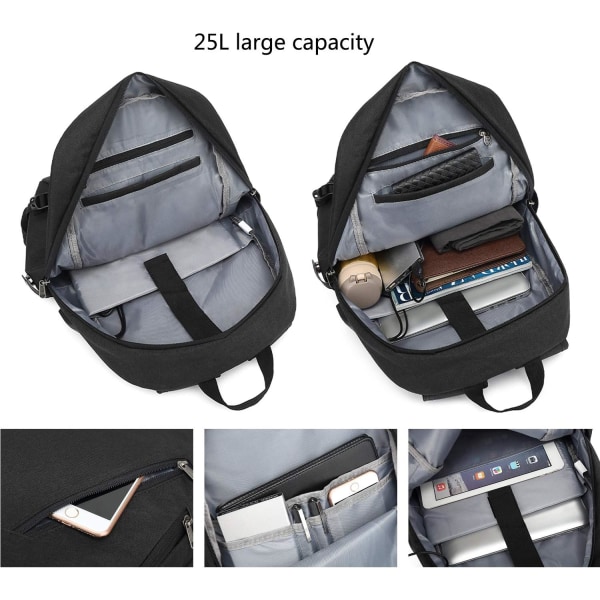 Anti-theft Laptop Backpack 15.6 Inch Black Oxford Cloth with USB Charging Port Water Resistant Large School Bag for Boys or Women