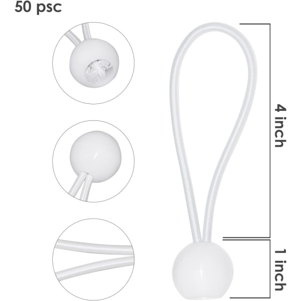 50 stk Bunge Balls hvite 4-tommers, kraftig presenning Bunge tau, presenningstropp, elastisk stropp for campingtelt i utstillingshaller, last presenning