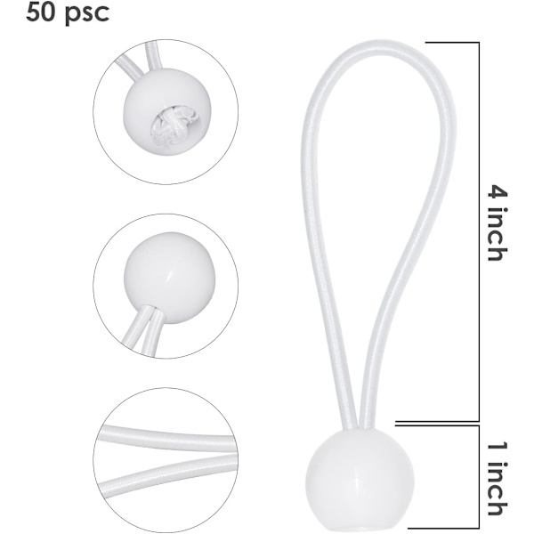 50 stk. elastiske kugle bungee snore (hvid), presenningstrammer til pavillon, camping, telt snore, gardin forlængersele, 10 cm