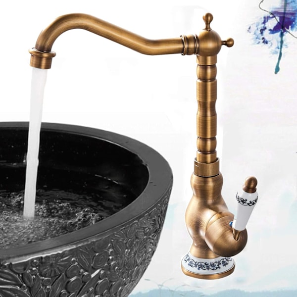 Moderne Køkken- og Badeværelses-Enhåndsgreb-Armatur Antik Kobber Håndtag Bassin Mixer Tap Bassin Armaturer Med Svingbart Udløb Retro Køkkenvask Armatur
