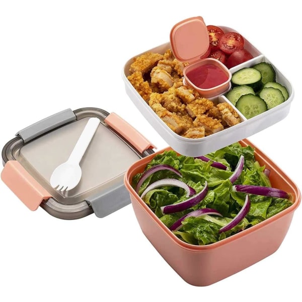 Salat lunsjboks med rom, Bento Box lunsjboks for voksne/barn, bærekraftig, lekkasjesikker, oppvaskmaskinsikker (rosa)