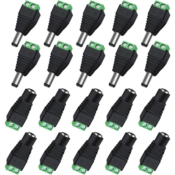 Sarja, jossa 10 paria BNC/DC-uros- ja naarasvirtaliittimiä 2,1 x 5,5 mm videovalvontaan/LED-nauhakameraan