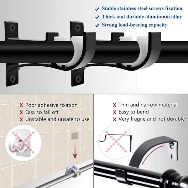 Parti med 2 holdere med robust metalgardinstang - til gardinstænger fra 25 til 30 mm - sort