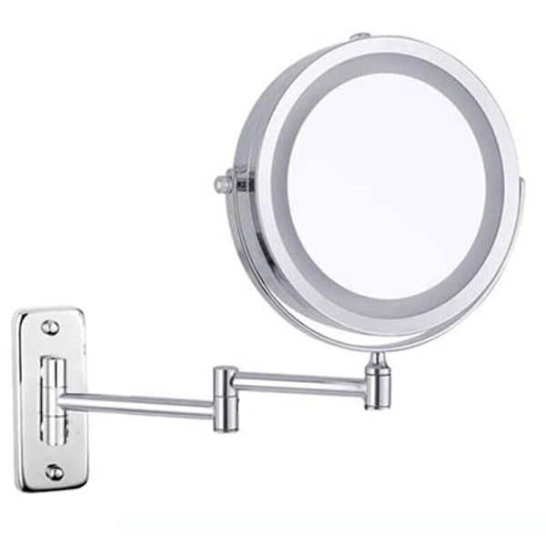 Feelglad väggmonterad smink spegel, 10X dubbelsidig LED förstorings spegel, 360° svängbar utdragbar kosmetisk fåfänga spegel, batteridriven (ingår ej