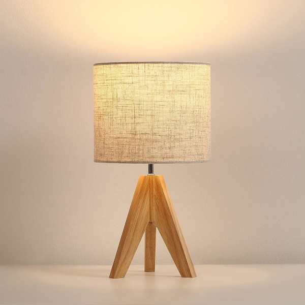 Sengsidelampe, Tripod Bordlampe, Træ med Linned Stofskærm, Lille Natbordlampe til Børneværelse, Soveværelse, Børneværelse, Sidebord, Læsning