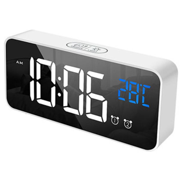 Digitalt vækkeur med LED-display, USB-opladningsport, lydstyring, alarmtoner, justerbar lydstyrke og lysstyrke, 12/24 timer, snooze-funktion, B