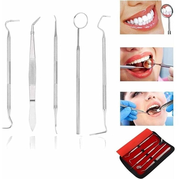 Tandläkarset - Professionellt 5-delars tandläkarverktygsset i rostfritt stål, rengöringskit för vuxna, barn och husdjur, för oral hygien