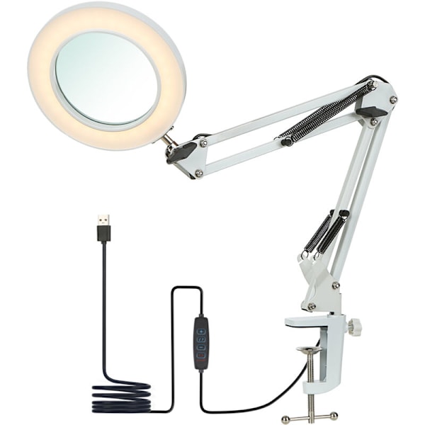 Fleksibel bordlampe med klemme, 8x forstørrelsesglas, drejelig arm, LED med variabel intensitet, skrivebordslampe, 3 farvetilstande og 10 lysstyrkeniveauer, læselampe